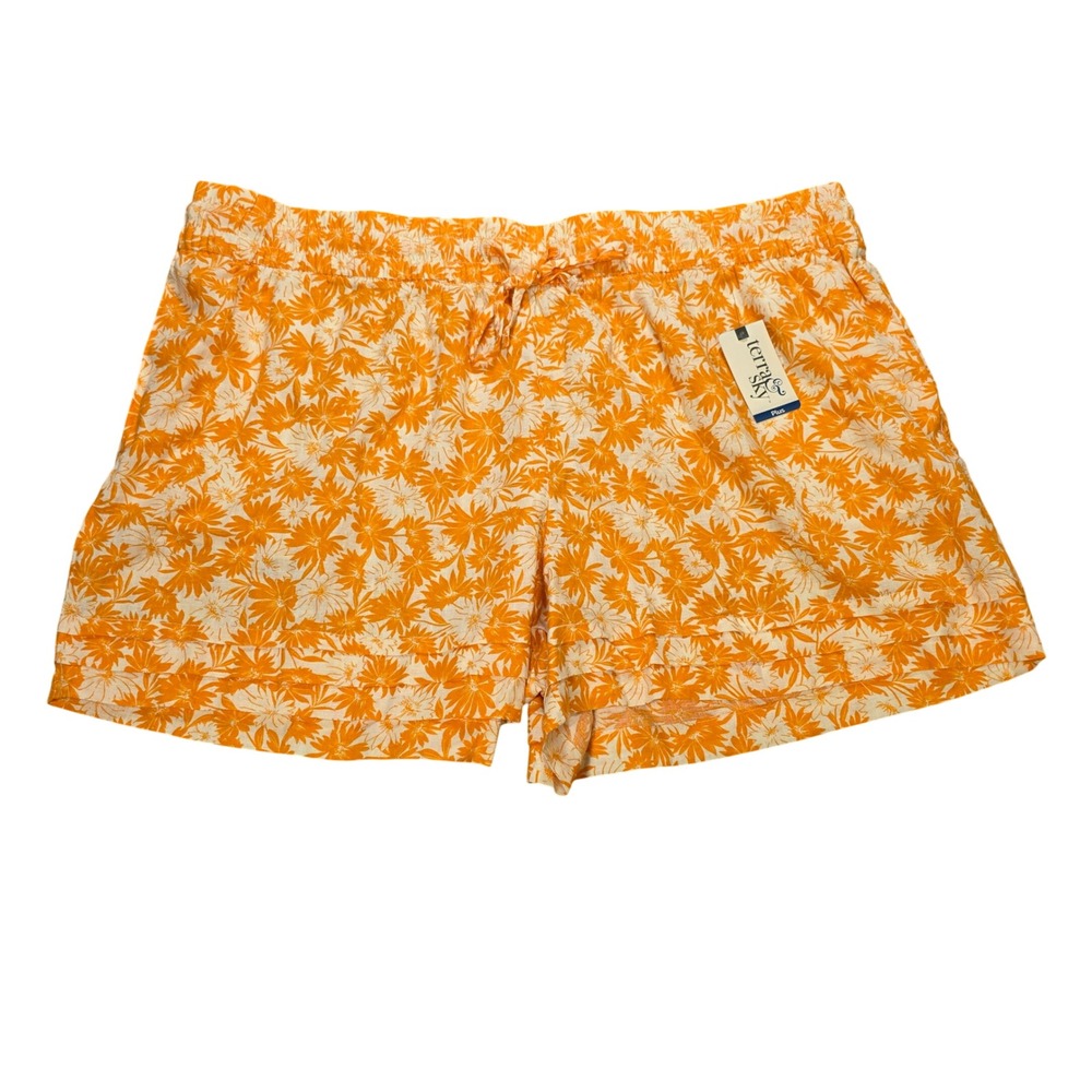 Terra & Sky Drawstring Shorts Womens Size 2X Orange White Floral Linen Blend NWT